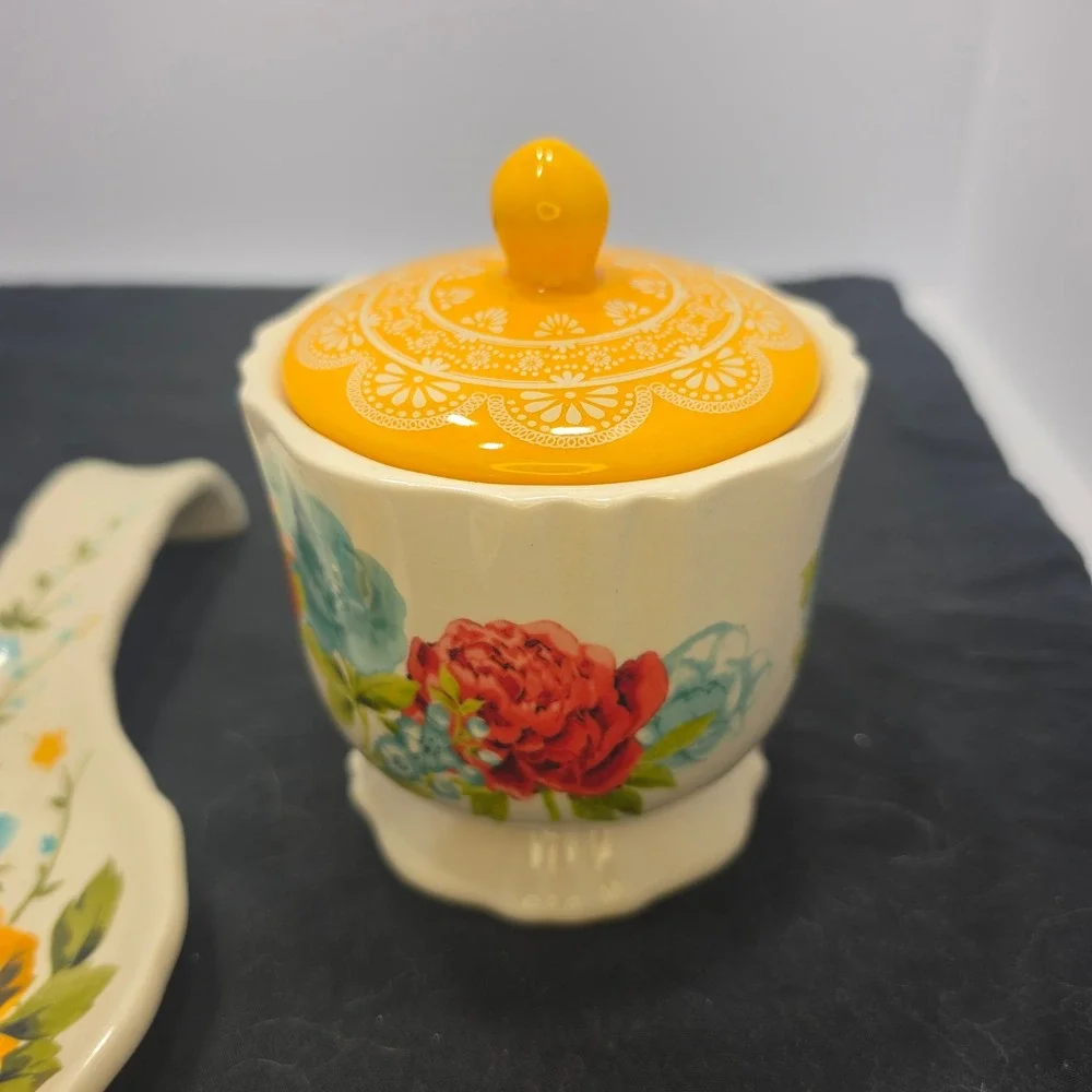 Pioneer Woman 3pc Kitchen Set Sugar Bowl Spoon Rest Glass Floral Bowl Multicolor